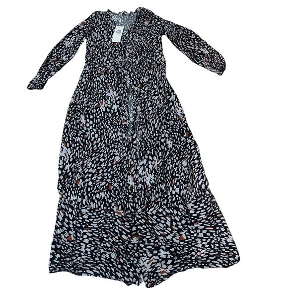 NWT ECOWISH LONG SLEEVE‎ BLACK/WHITE/RUST V-NECK HIGH SPLIT WRAP DRESS SMALL - Picture 2 of 8